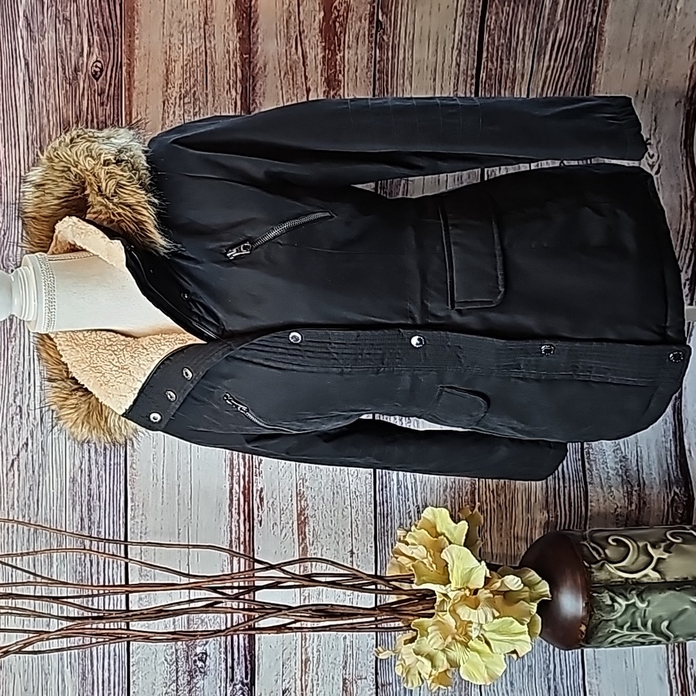 NAUTICA BLACK SHERPA LINED FAUX FUR HOODED COAT
